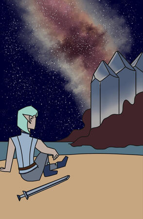 An original character looking out on a starry night on a beach with large crystals off in the distance.