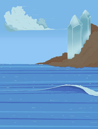 An image of an ocean with some large crystals in the distance.