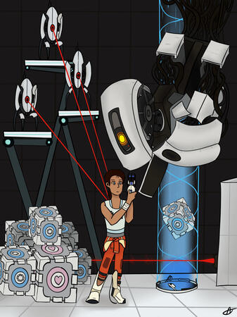Art of the video game Portal 2 featuring the protagonist, Chell, the antagonist, GLaDOS, and several features of the setting, Aperture Laboratories.